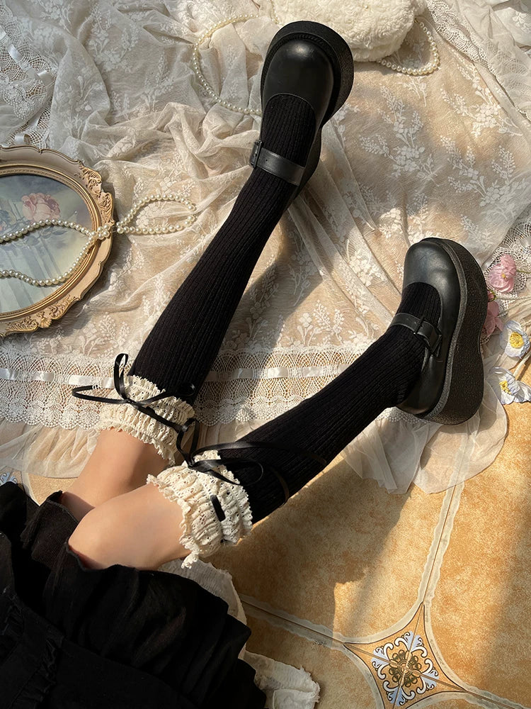 Sock Noble - Winter Lace - Cotton and Wool Mid-Calf Boot Socks with Ribbon Ties