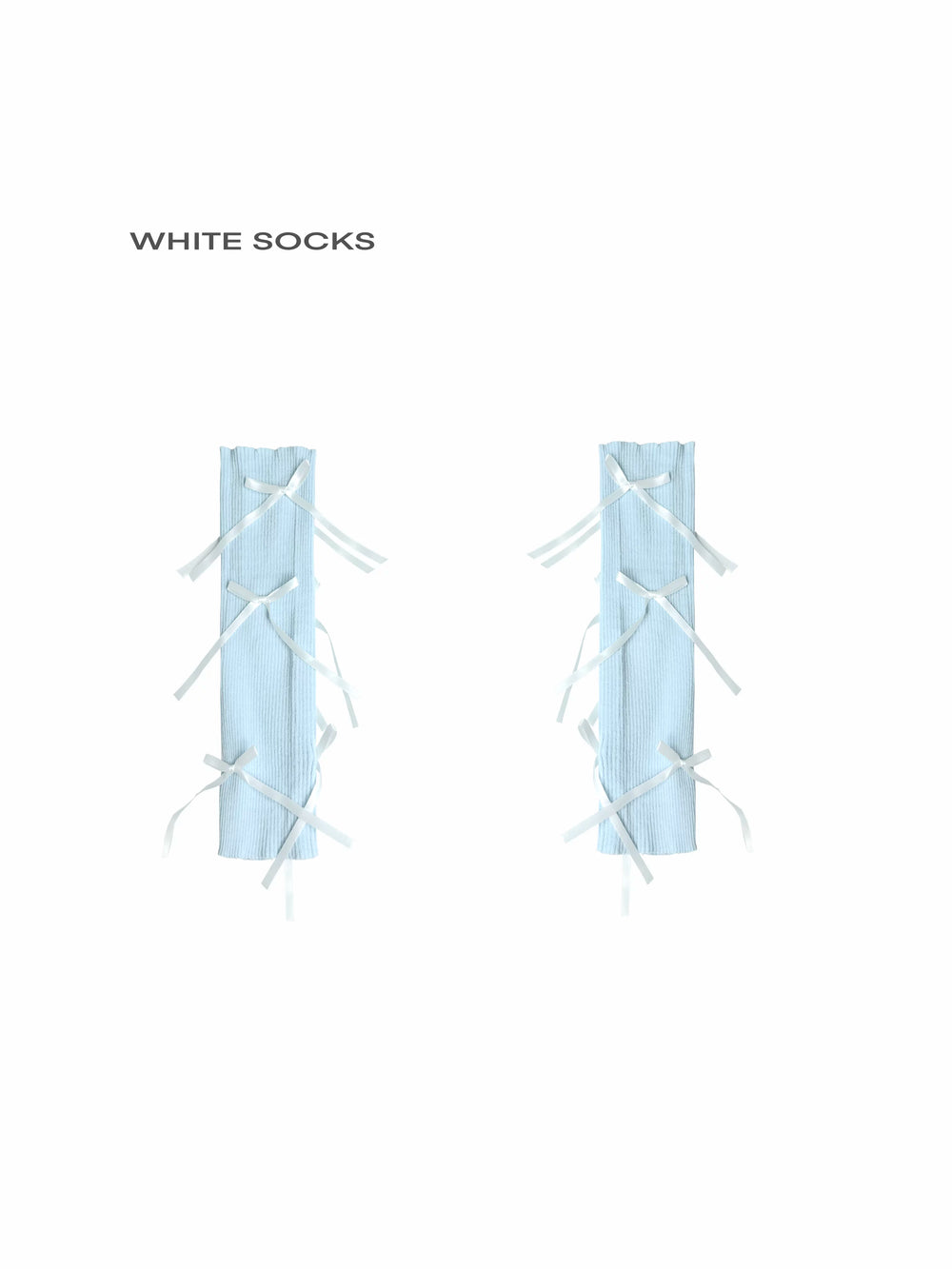 White and light blue ribbon-tie scrunch socks styled with heels