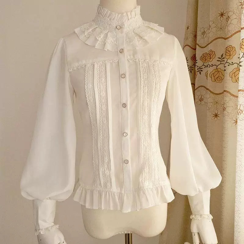 White sweet lolita OP dress with high ruffled stand collar and bishop sleeves