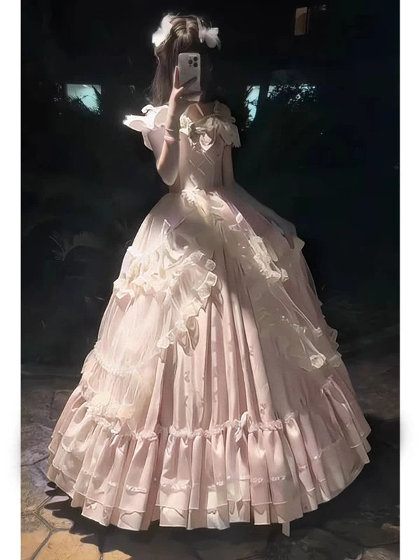 Pink Lolita dress with off-shoulder sleeves and lace trim, full-length view