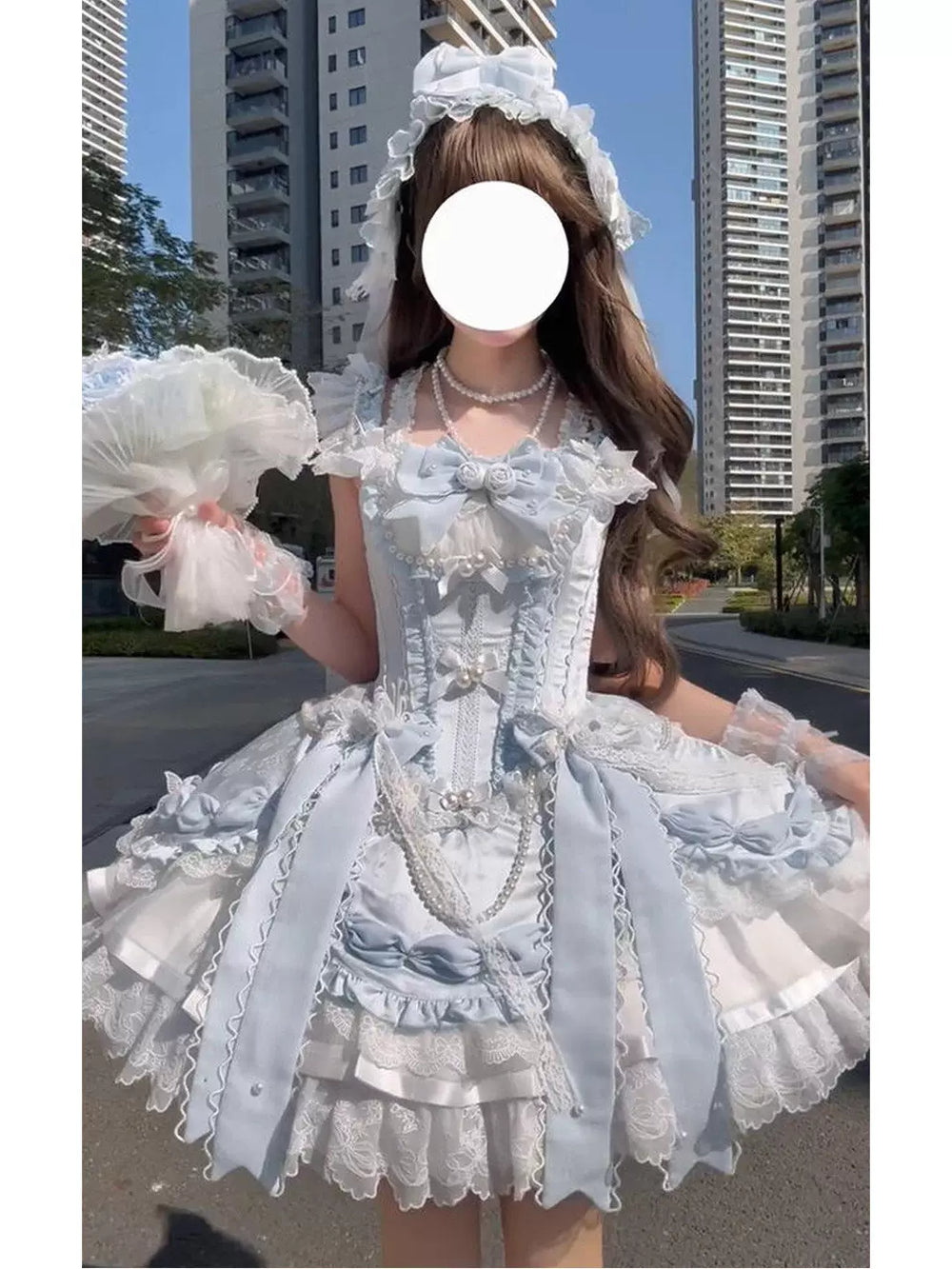 Blue-and-white ballet-style dress set with layered lace and bows