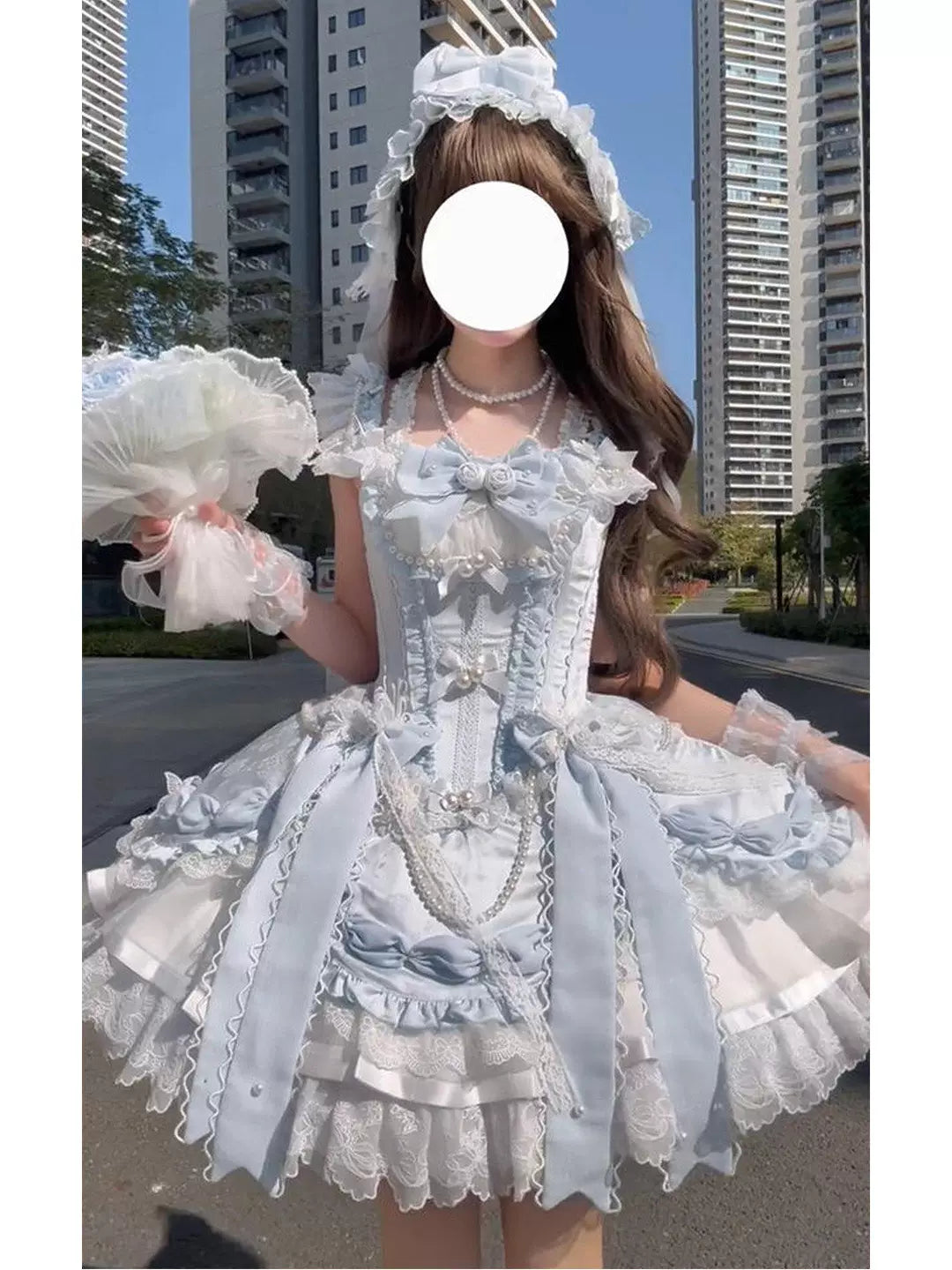 Blue-and-white ballet-style dress set with layered lace and bows
