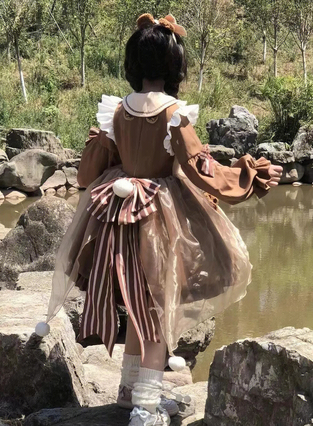 Creamy - Brown Ribbon Garden - Brown One-Piece Dress with Layered Bows