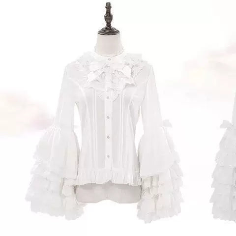 Sweetheart Dream Machine - Lace Bow - Long-Sleeve Blouse with Tiered Lace-Ruffle Sleeves