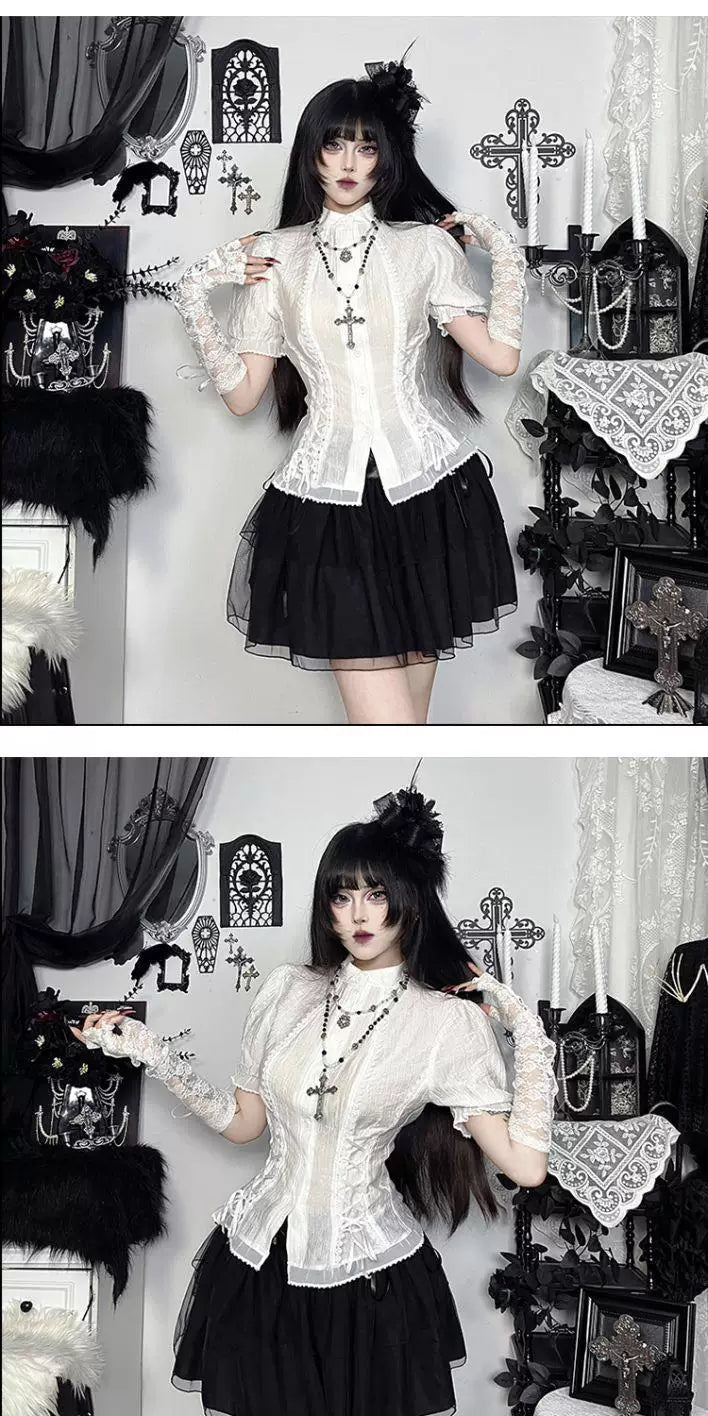 High-Neck Lace-Trim Fitted Blouse - Fitted