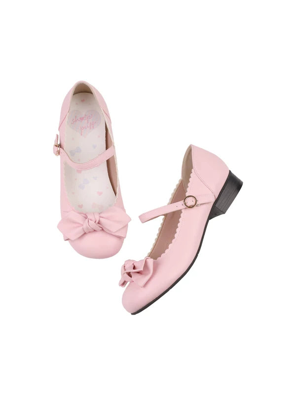 Sheep Puff rounded bow macaron Lolita shoes with pastel pink and white design, featuring cute puff and bow details.