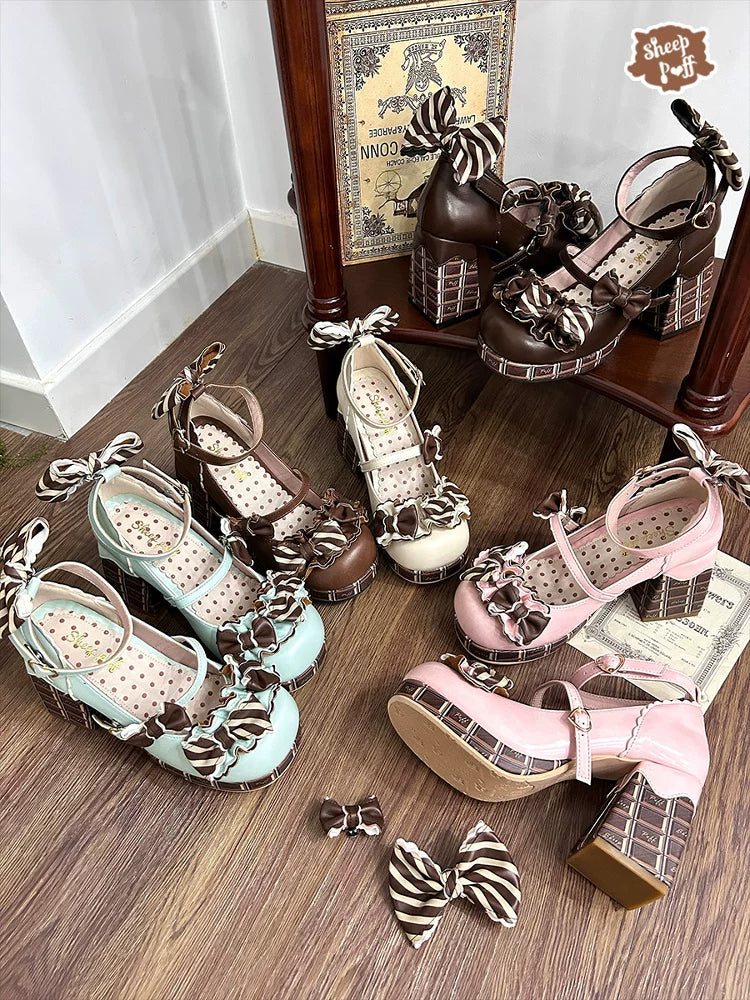 Sheep Puff layered chocolate Lolita heels featuring a cute sheep puff design with layered shoe details.