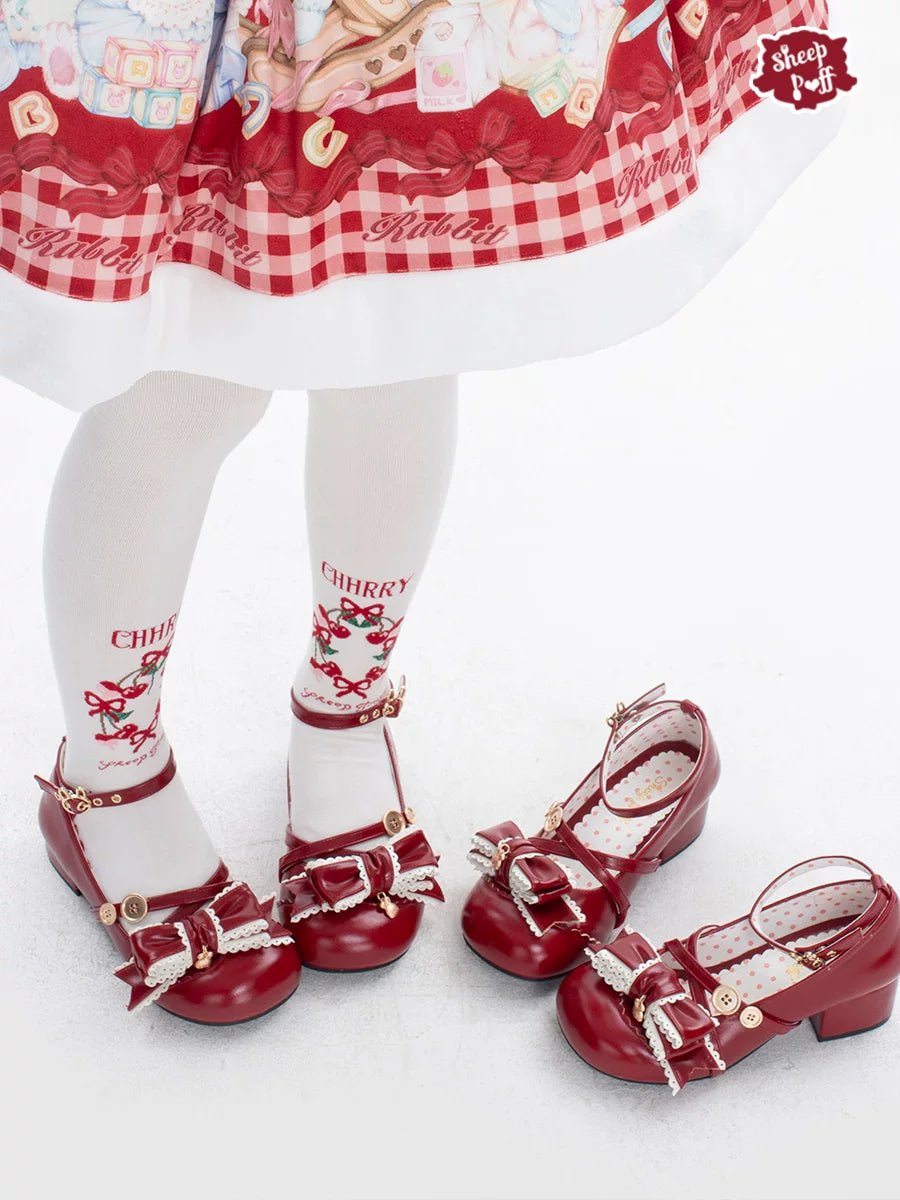 Sheep Puff Sheep Puff Button Bunny Mid Heel Lolita Shoes in white with bunny and puff details, stylish and cute footwear for women.