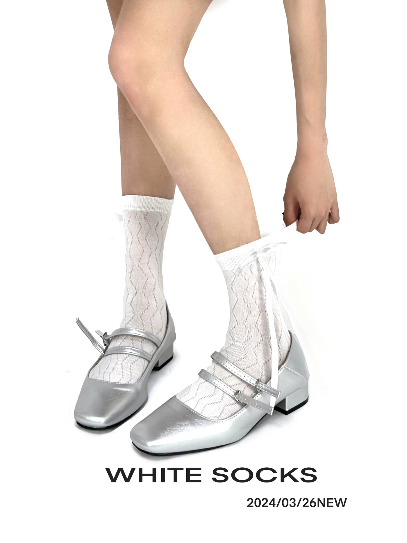 White Socks - Ballet Strap - Mid-Calf Socks with Bow Ties