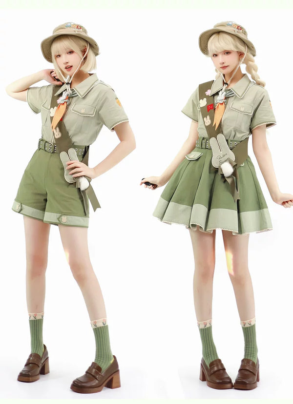 Sage-green rabbit-themed shirt, skirt and pants separates shown in model composites.