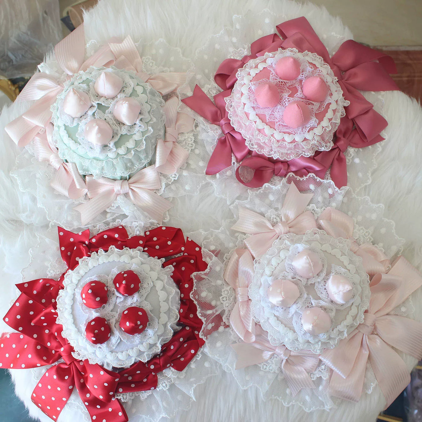 Deer Girl Handmade - Strawberry Angel Cake - Mini Top Hat with Ribbon Bows