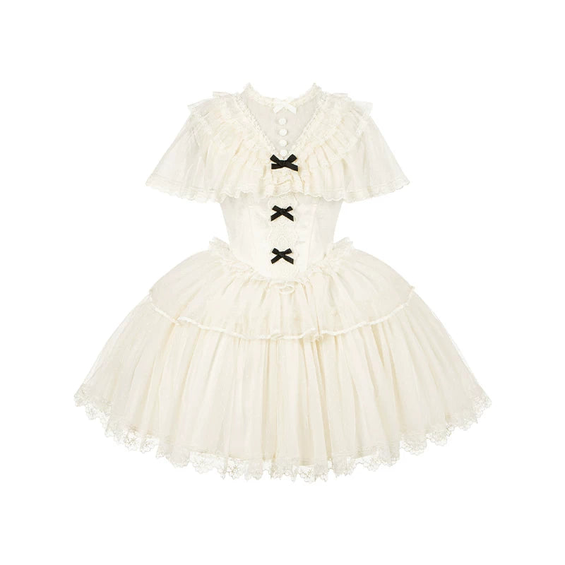 With PUJI - White Mist Promise - Classic Lolita Corset OP Set, Edwardian Collar & Tiered Hem detail view 12