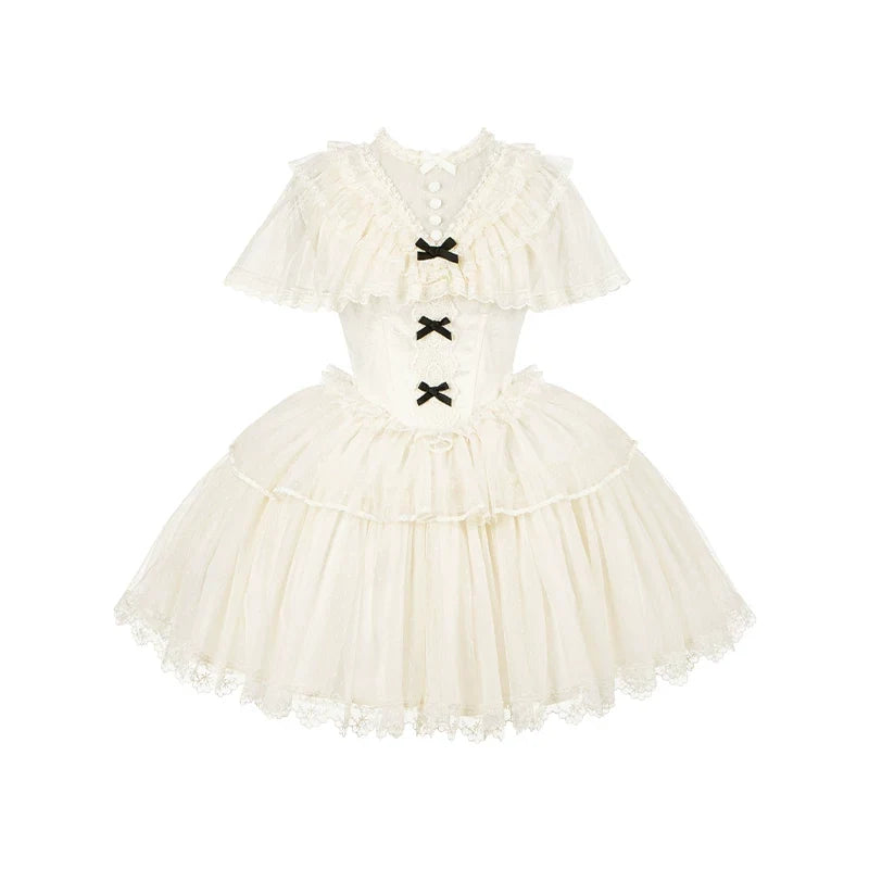 White Mist Promise - Classic Lolita Corset OP Set, Edwardian Collar & Tiered Hem (L M S) 45173:838288