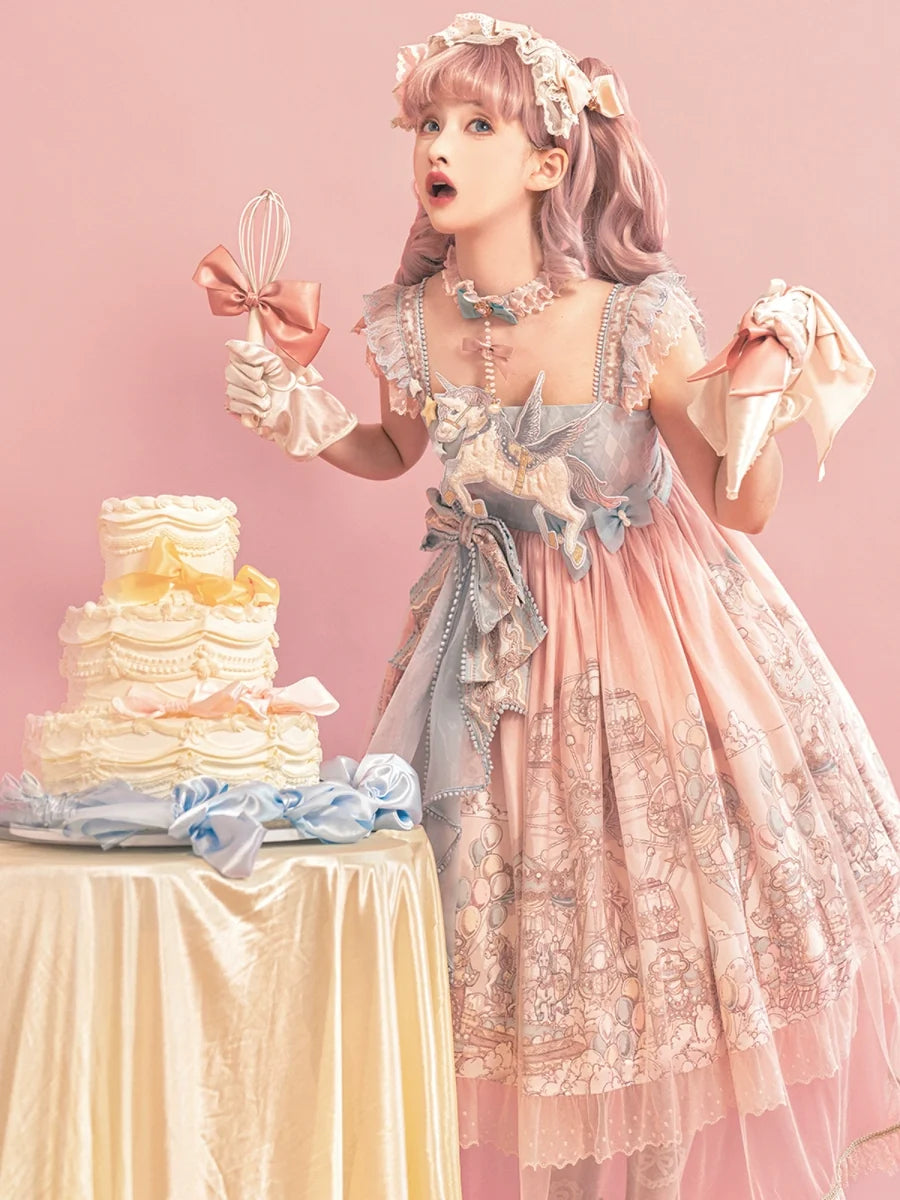 Designer's Gift - CloudPlay - Pastel Sweet Lolita JSK dress with carousel print and detachable waist bows - product detail 7