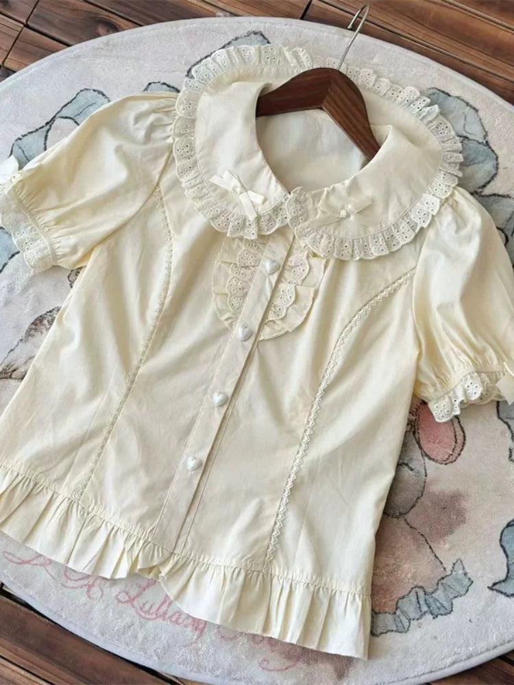 CatHome - Peter Pan Collar - Cotton Sweet Lolita Blouse with heart-shaped buttons - product detail 4
