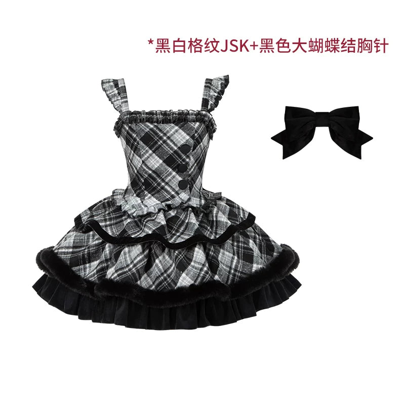 With PUJI - Snow Night Serenade - Fluffy Plaid Kawaii Lolita JSK, Reversible Cape detail view 10