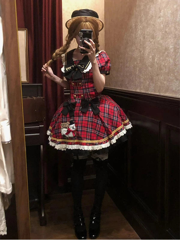Creamy - Vintage Plaid - Red Plaid One-Piece Dress with Black Bows