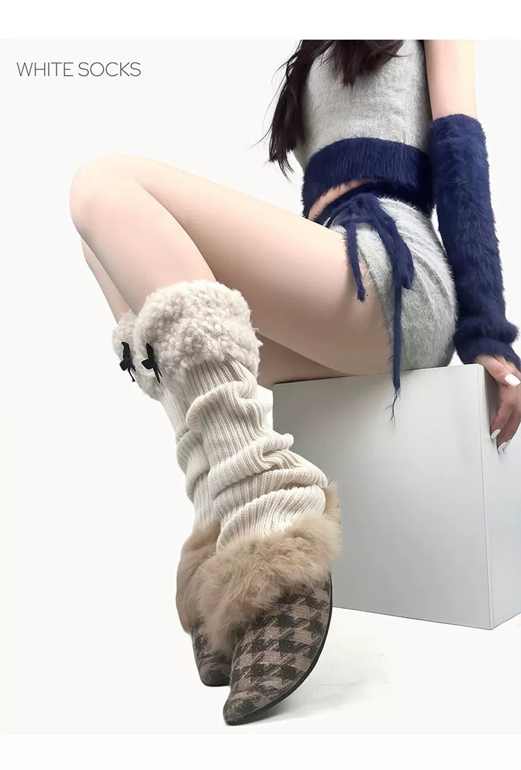 White Socks - Fleece Bow - Stirrup Knit Leg Warmers with Fleece Cuffs
