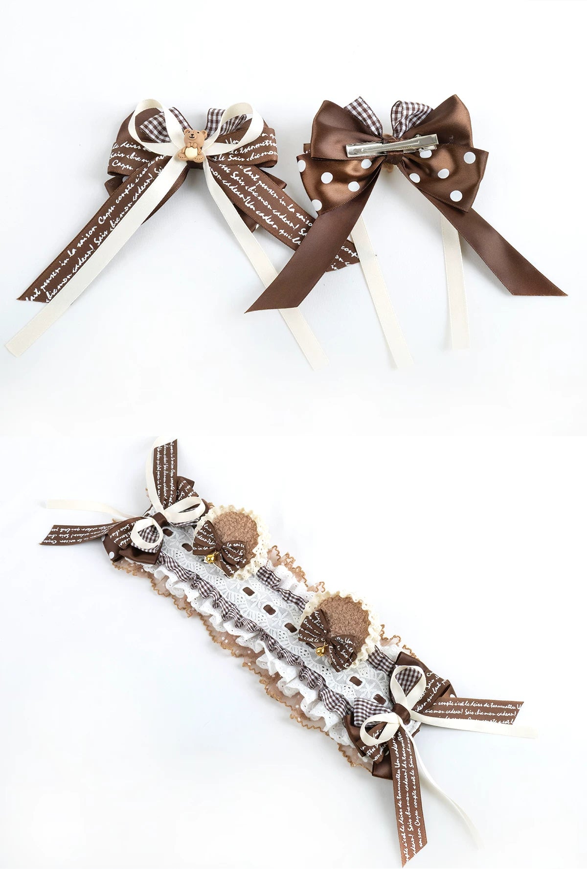 Lightbound Narrative - Chocolate Dot Bear-Ear - Headwear with Lace and Polka-Dot Bows