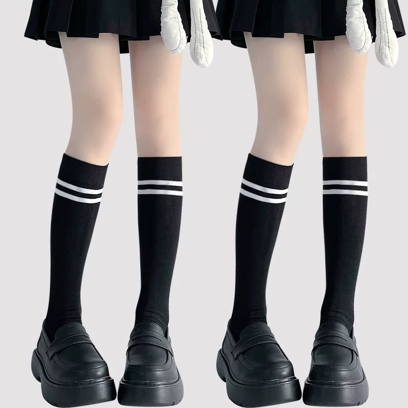 Floral Milk Cat - School Stripe - Cotton Knee Socks with Two Stripes
