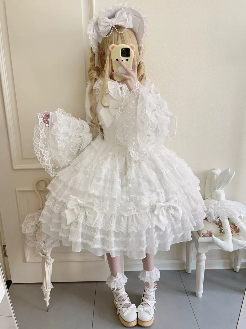 White Dream Prelude sweet lolita doll JSK with decorative bonnet and corset lacing