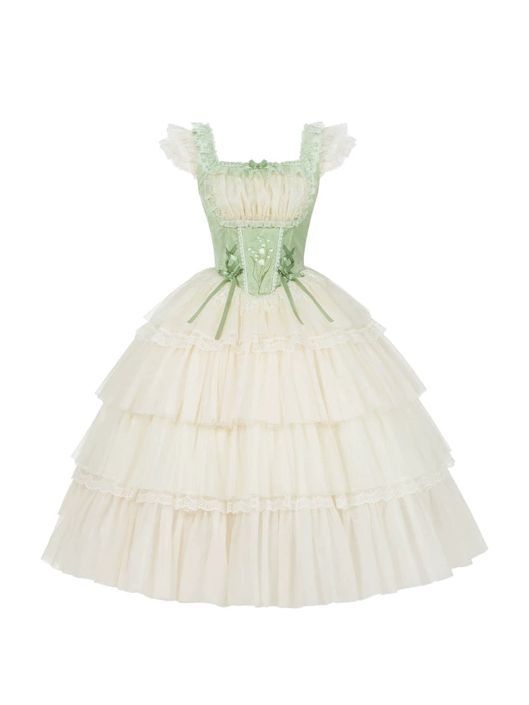 With PUJI - Lily of the Valley Whisper - Embroidered Classic Lolita Corset JSK Dress detail view 5