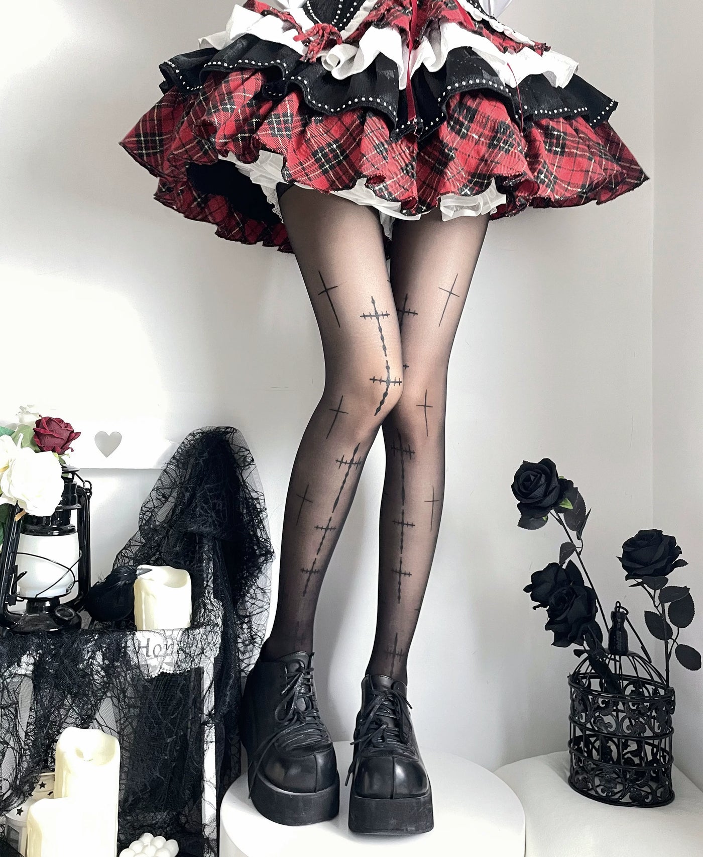 Fantasy Doll - Subculture Prints - Sheer Pantyhose in Spiderweb, Multiple-Cross and Cartoon Prints