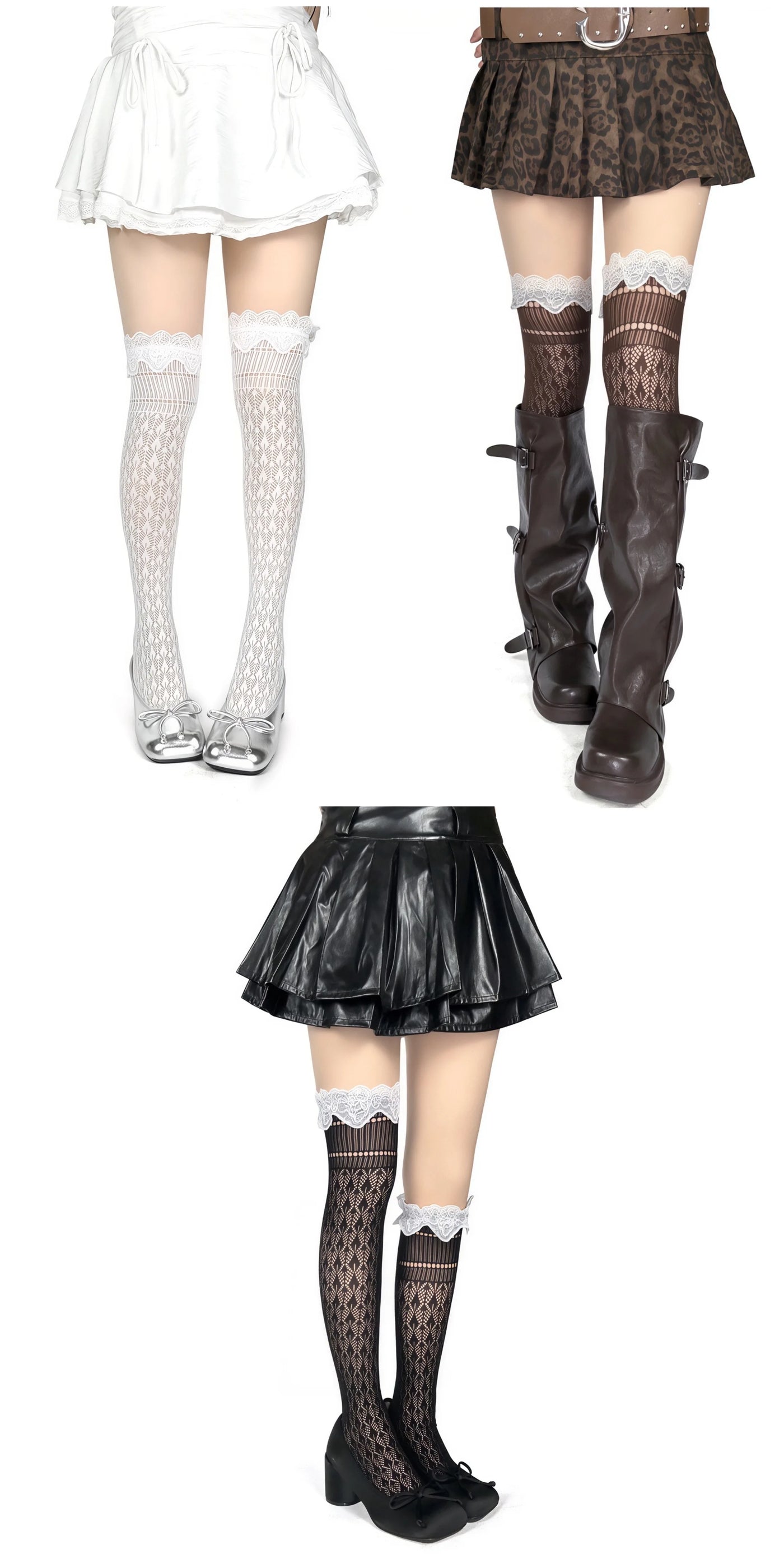 White Socks mesh long socks with scalloped lace cuffs styled in white