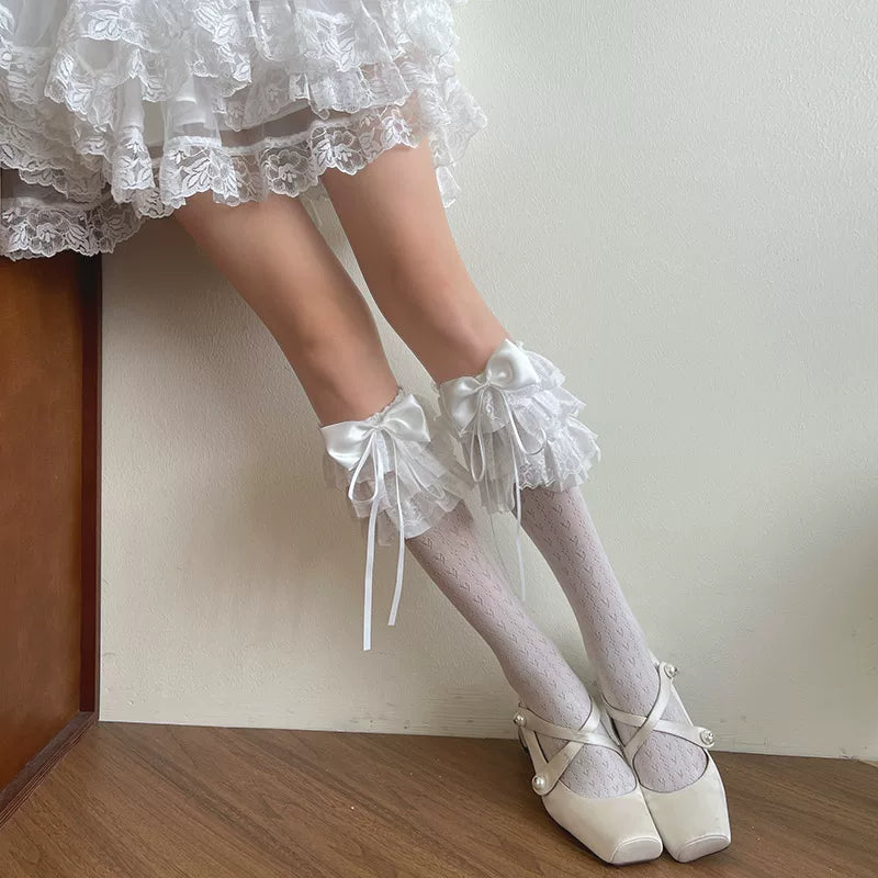 Sock Noble - Heart Lace - Mid-Calf Lolita Socks with Layered Bows