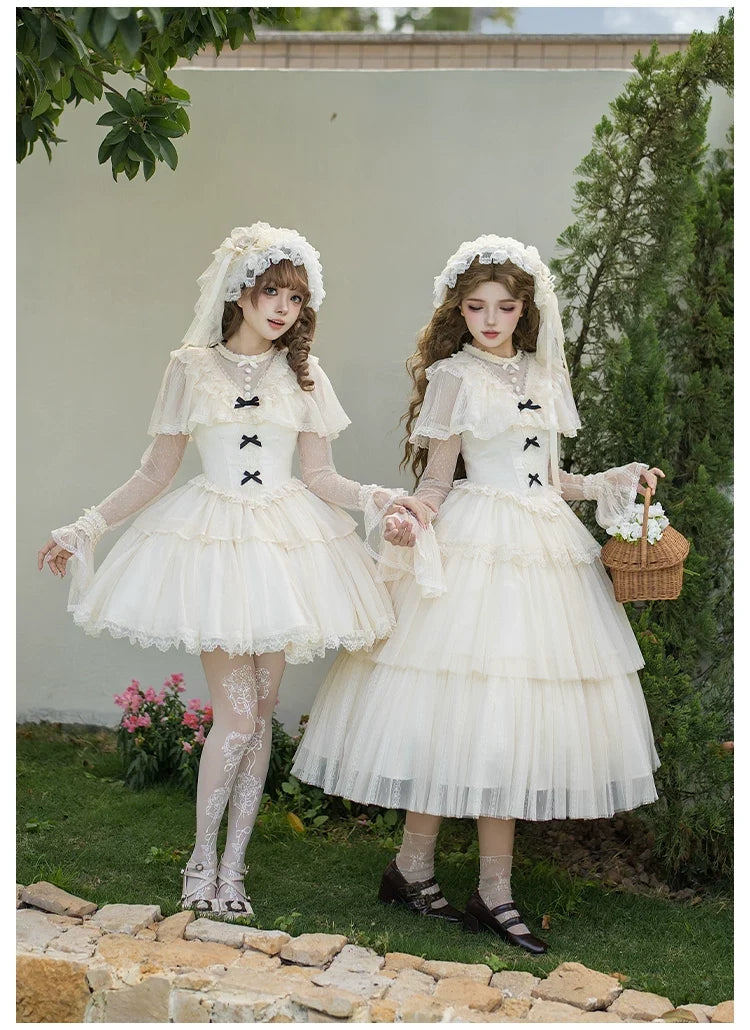 With PUJI - White Mist Promise - Classic Lolita Corset OP Set, Edwardian Collar & Tiered Hem