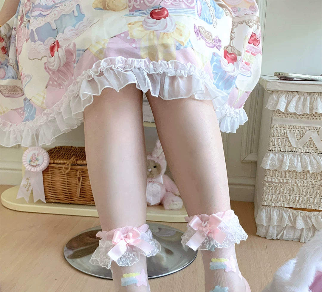 roji roji - Twin Star - Sheer Mid-Calf Socks with Lace Cuffs and Bow Accents