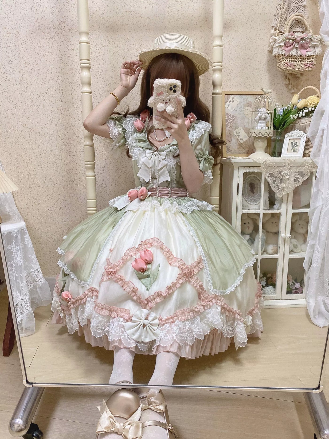 Creamy - Rose Garden Elegance - Green-Pink Lolita Dress with Layered Lace