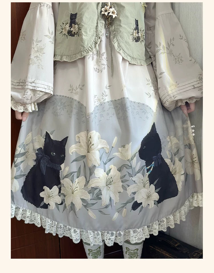 GZYRZ - Black Cat and Lily - Lolita fashion set with black cat and lily motifs