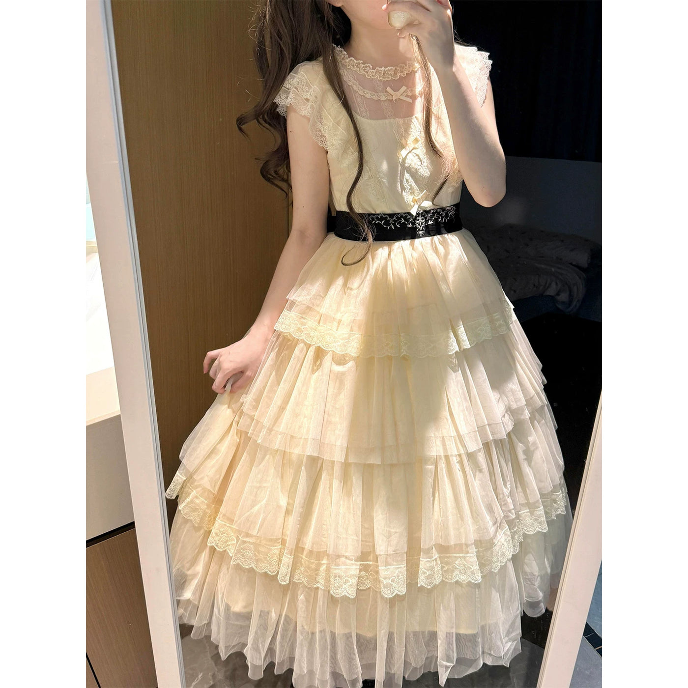 Creamy - Clear Sweet Lace - OP Dress with Tiered Lace Ruffles and Belt