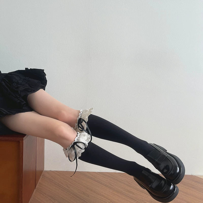 Sock Noble - Double Lace Bow - Embroidered Mid-Calf Lolita Socks with Bow Cuffs