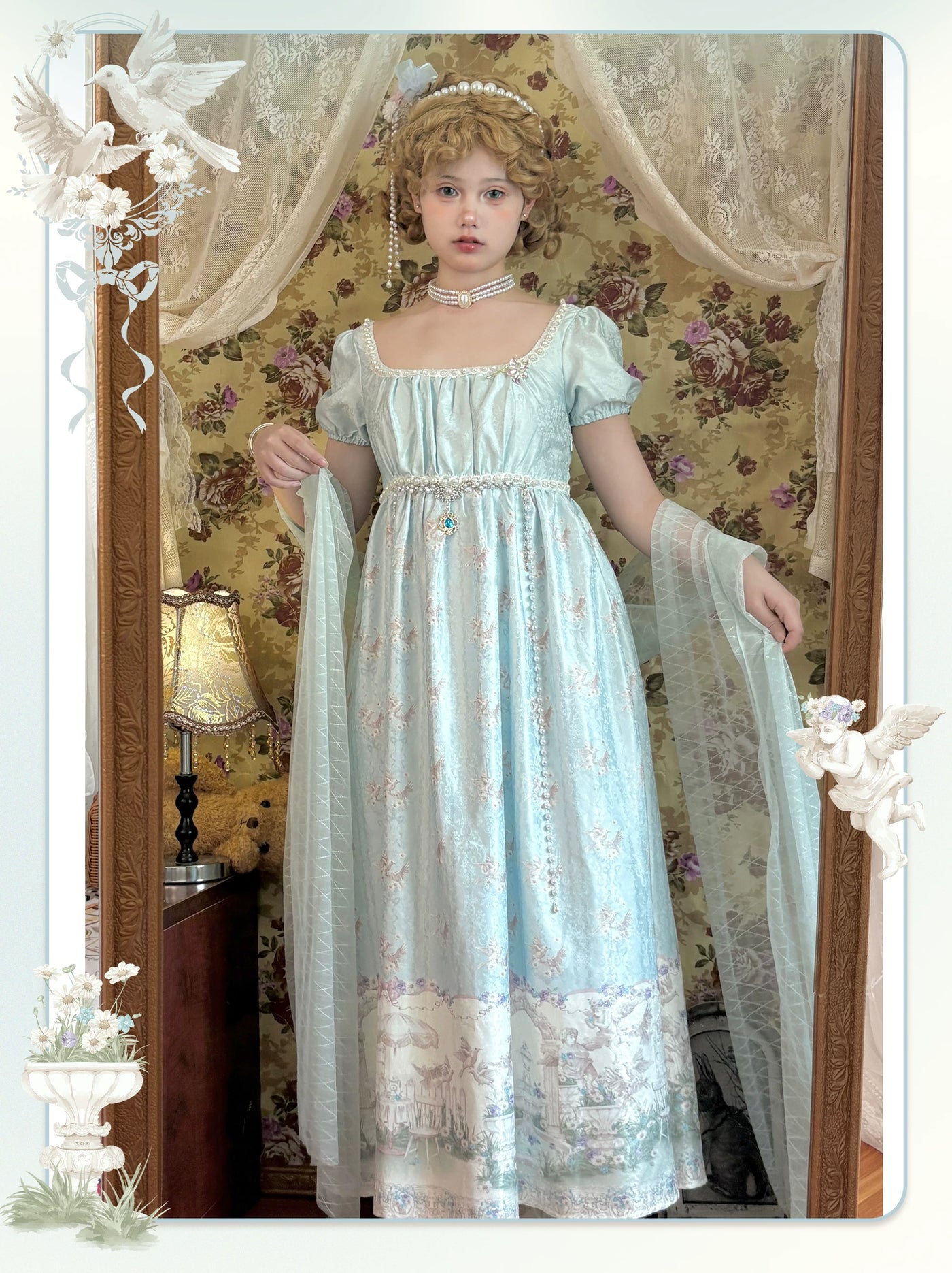 Cat Upon Cat - Angel Garden - Empire-Waist One-Piece Dress with a Garden Scene Hem