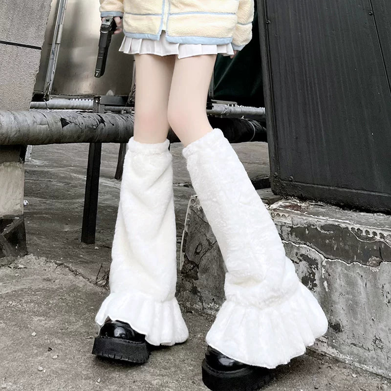 Floral Milk Cat white faux-fur calf leg warmers with lace-trimmed cuffs