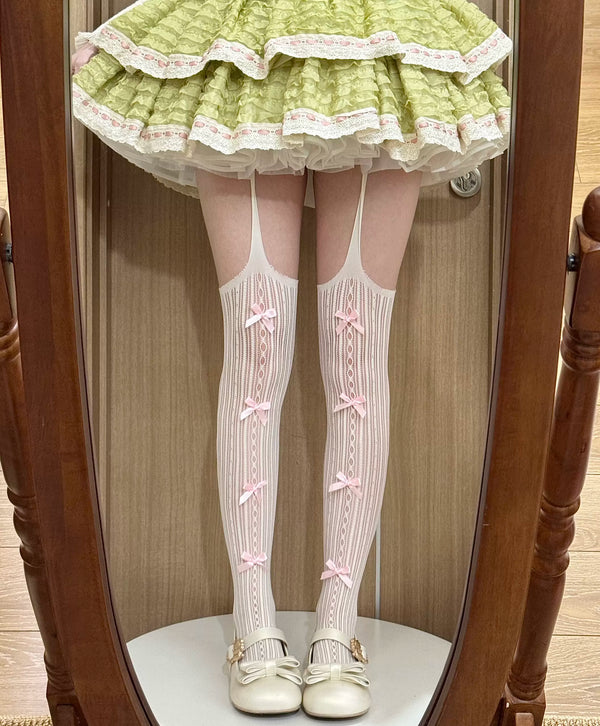Milky white yellow Sweet Lolita bow cutout vertical stripe thigh-high tights