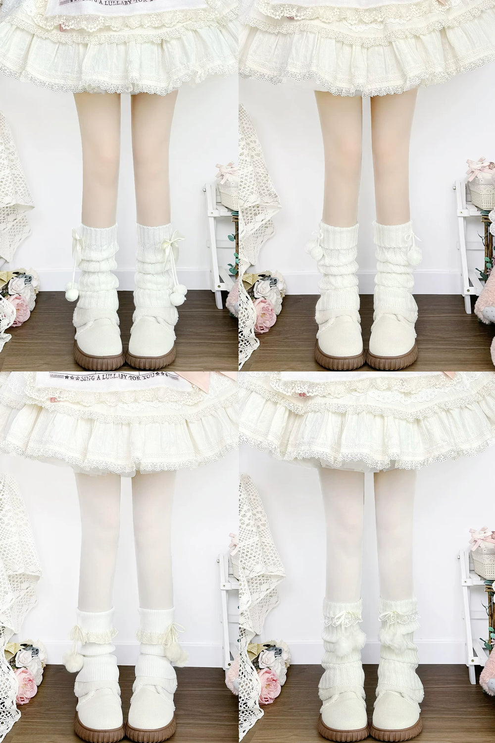 White scrunched knit sock covers with lace, bows and pom-pom details
