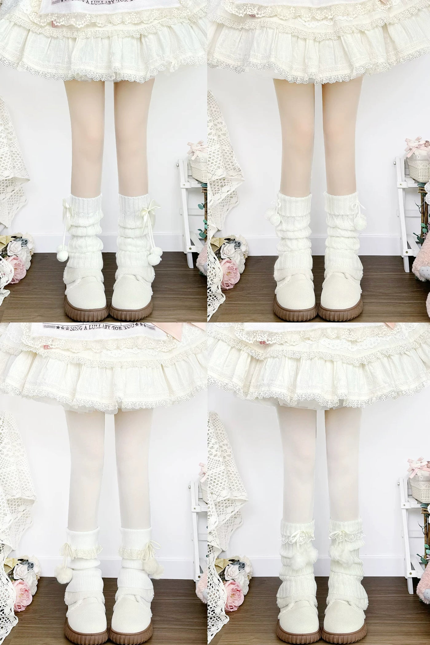 White scrunched knit sock covers with lace, bows and pom-pom details