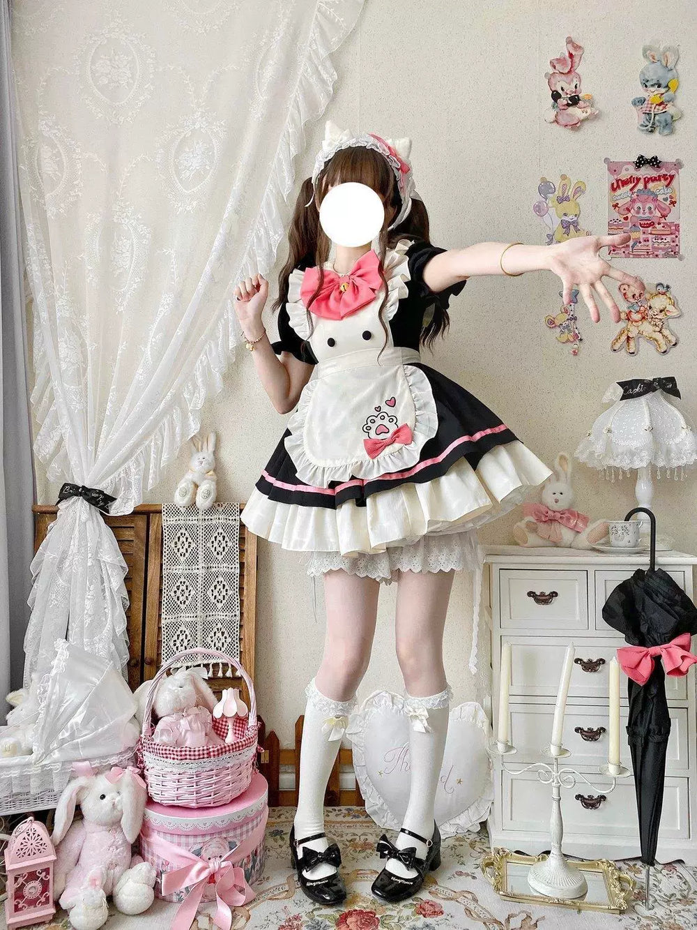 Black and white cat-café OP dress with ruffled apron, pink bow and cat-paw motif