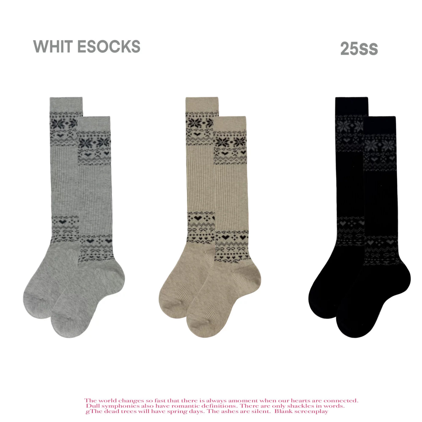 White Socks - Nordic Gray - Mid-Calf Slouch Socks with Fair Isle-Style Bands