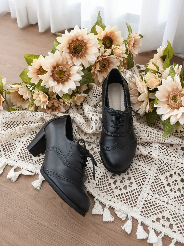 Sentaro - Retro Lolita Heel Shoes Handmade - Perforated Strap Leather Shoes Shoes
