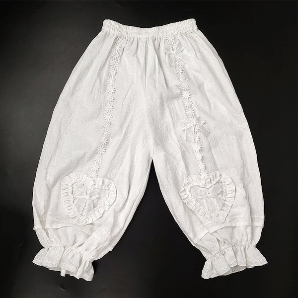 White heart-detail cotton Lolita bloomers with lace flowers and bows.