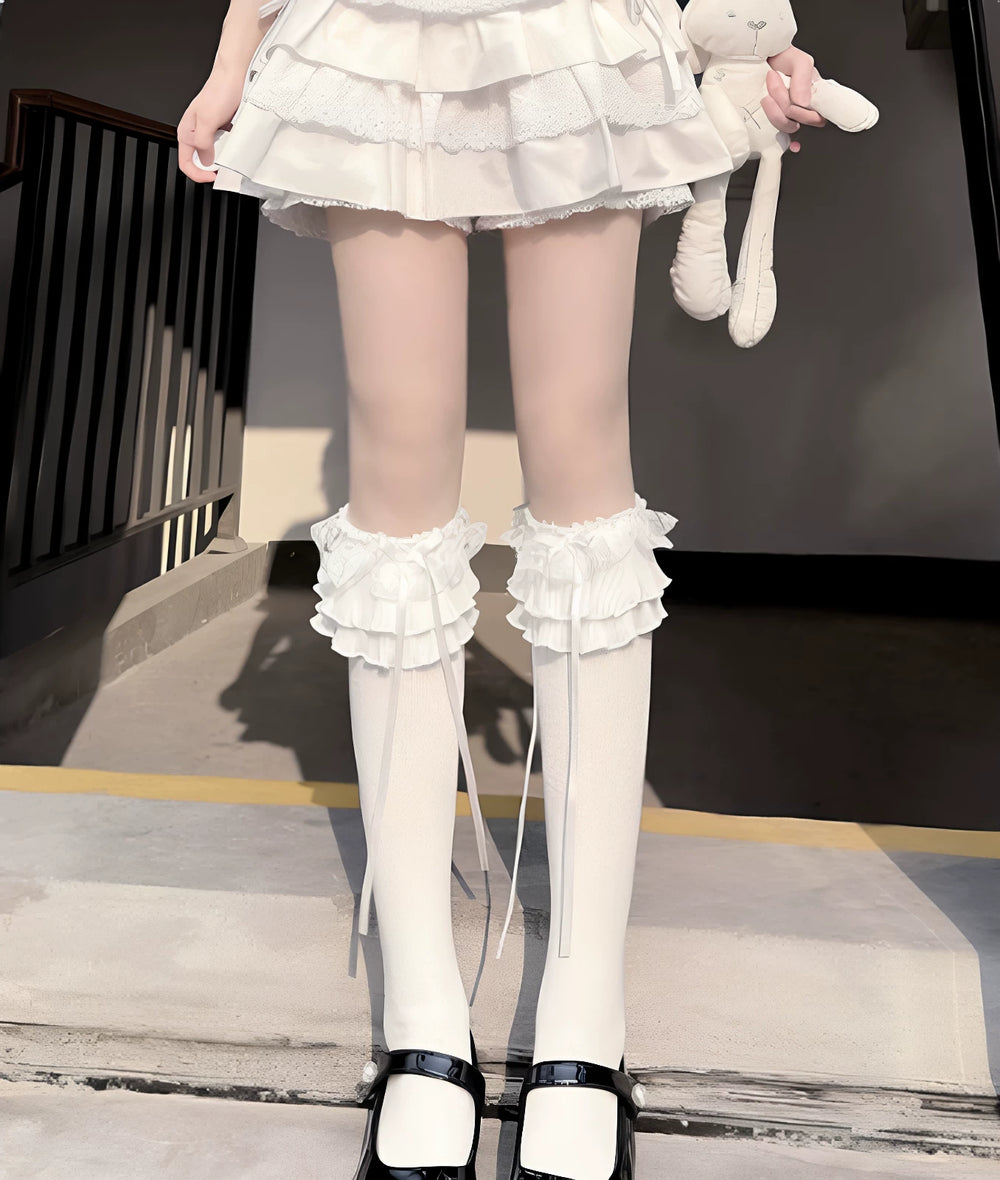Fantasy Doll white mid-calf socks with layered lace ruffles and long ribbons