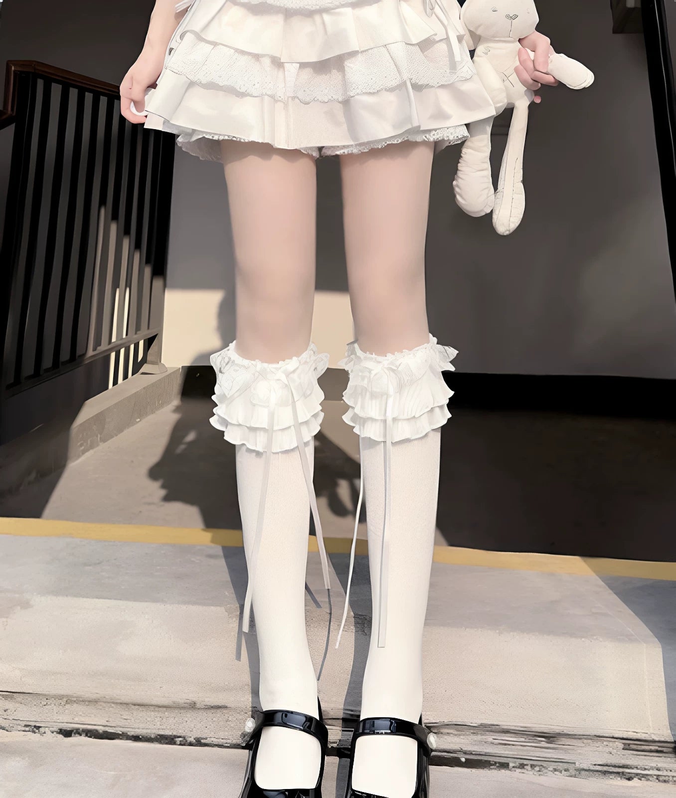 Fantasy Doll white mid-calf socks with layered lace ruffles and long ribbons