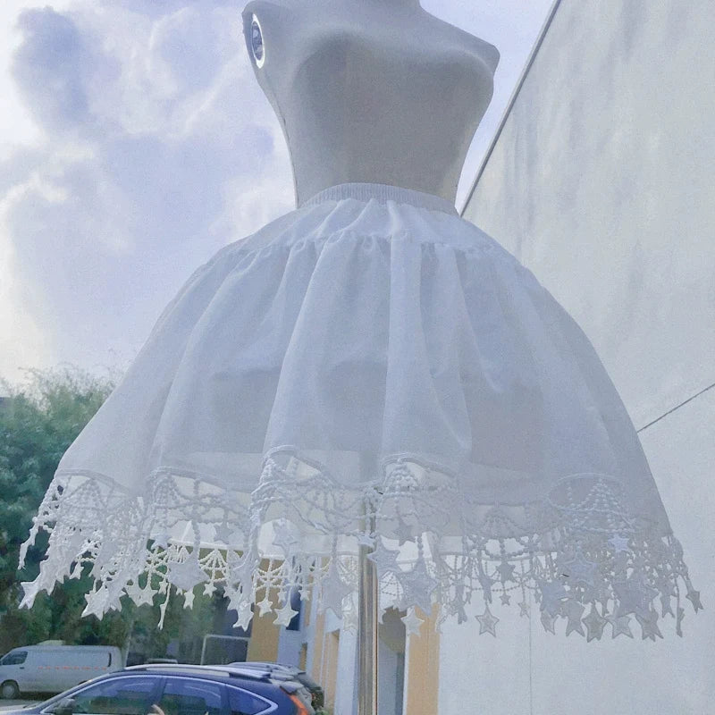 Adjustable Lolita Puffy Hoop Petticoat With Star Hem White with Hoop One Size