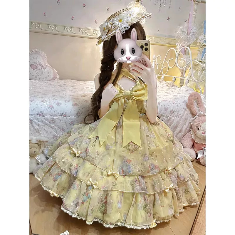 Creamy - Yellow Bow - Tiered Halter Dress
