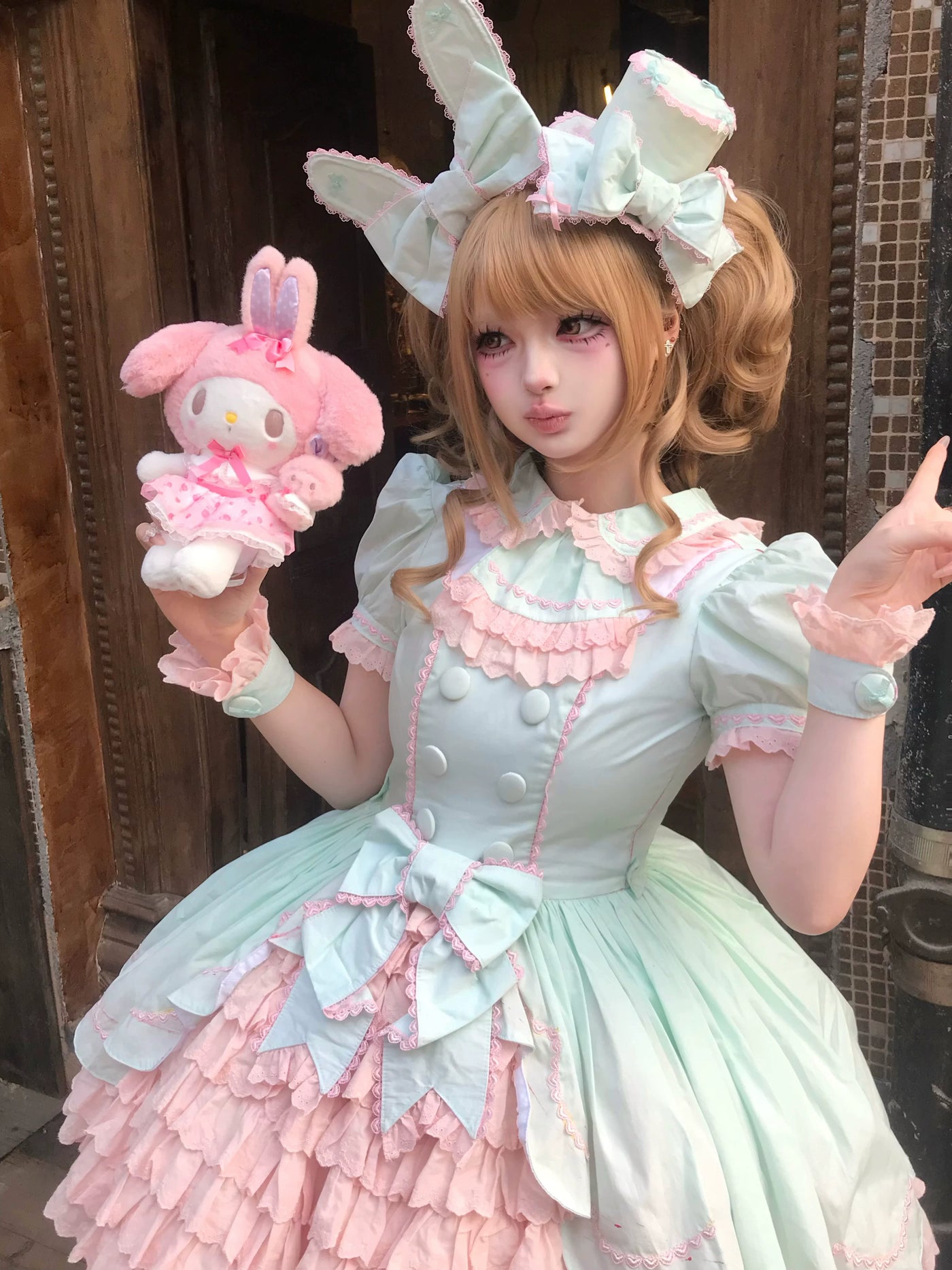 Tata Long Ear - Melon Parfait - Short-Sleeve OP Dress with Layered Ruffles