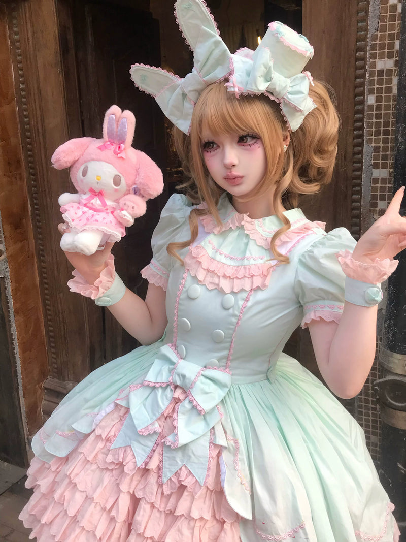 Tata Long Ear - Melon Parfait - Short-Sleeve OP Dress with Layered Ruffles